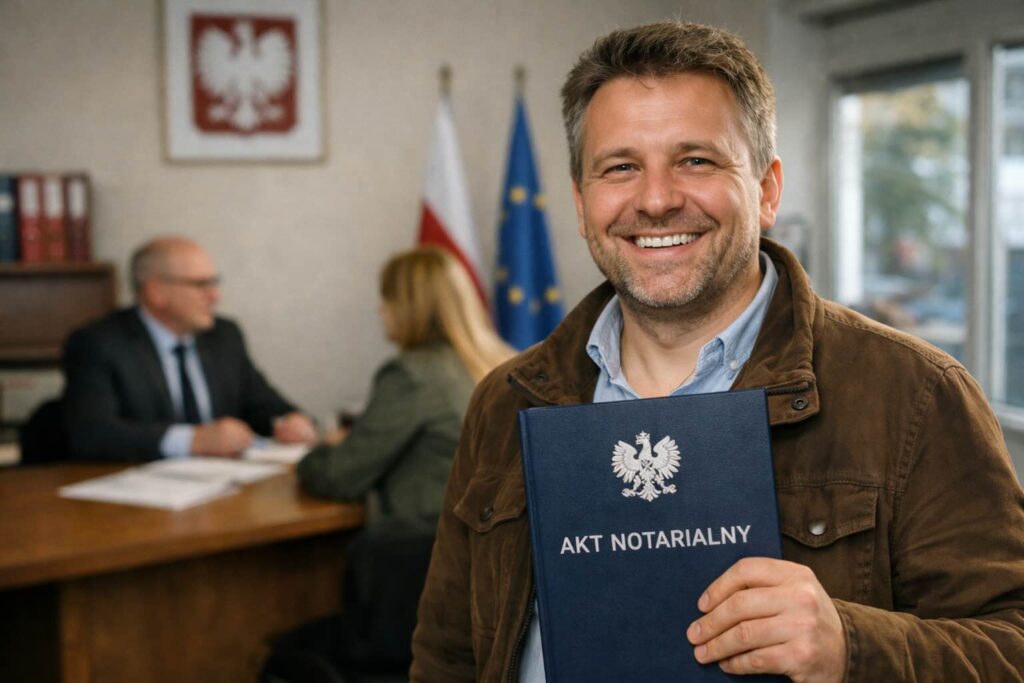 Akt notarialny i długopis na stole – sprzedaż udziału w nieruchomości